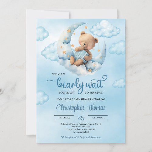 Watercolor blue and brown teddy bear over the moon invitation