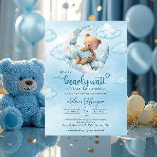 Watercolor blue and brown teddy bear over the moon invitation