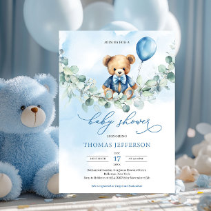 Watercolor blue and brown teddy bear with balloon invitation