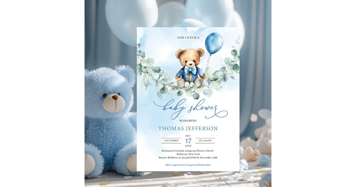 Watercolor blue and brown teddy bear with balloon invitation | Zazzle