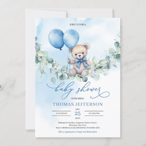 Watercolor blue and brown teddy bear with balloons invitation
