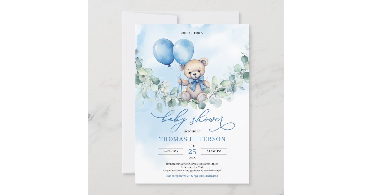 Watercolor blue and brown teddy bear with balloons invitation | Zazzle