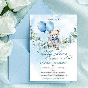 Watercolor blue and brown teddy bear with balloons invitation