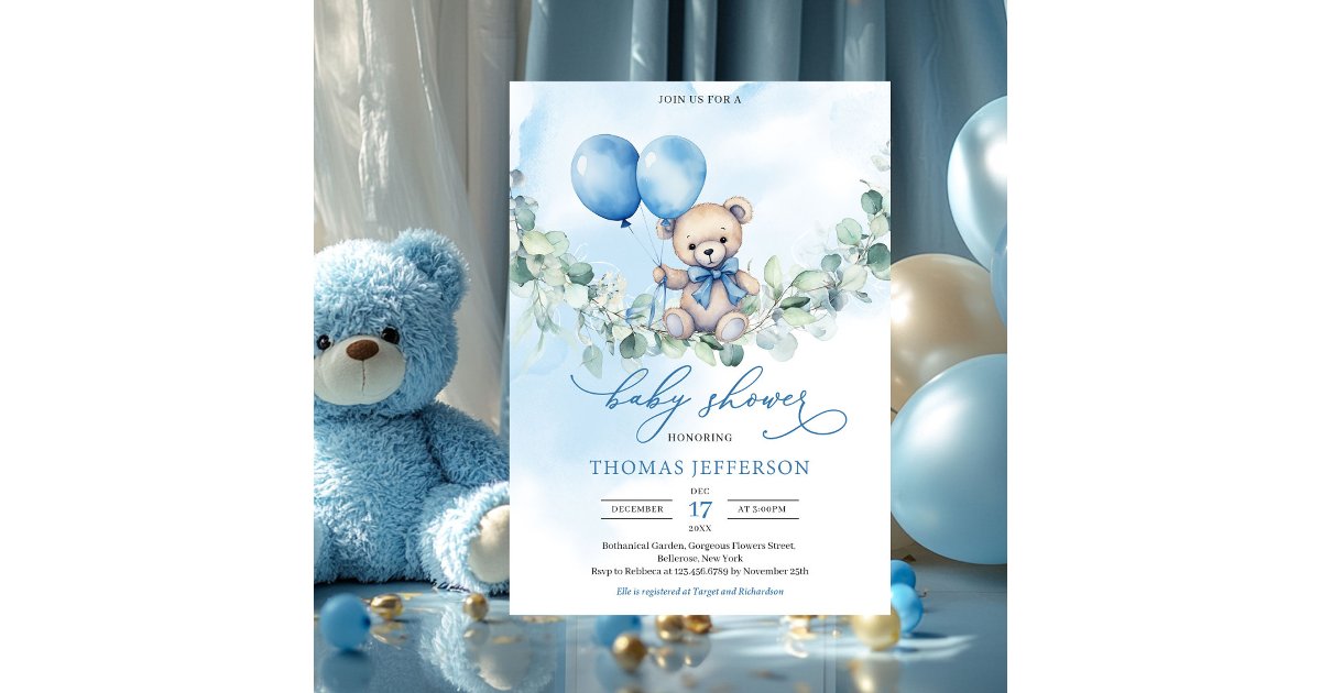 Watercolor blue and brown teddy bear with balloons invitation | Zazzle