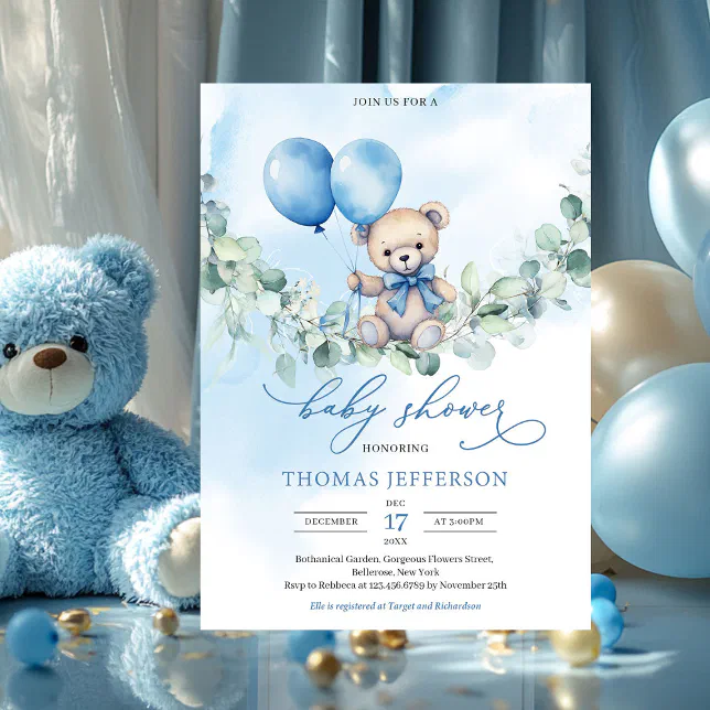 Watercolor blue and brown teddy bear with balloons invitation | Zazzle