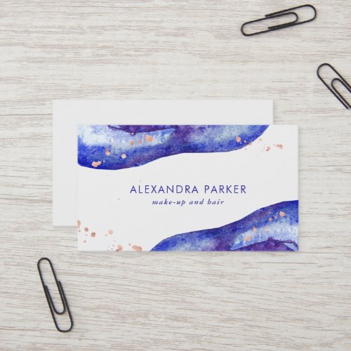 Watercolor Blue and Faux Rose Gold Geode Business Card