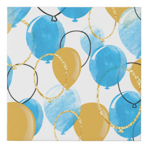Watercolor blue and glittering gold balloons seaml faux canvas print
