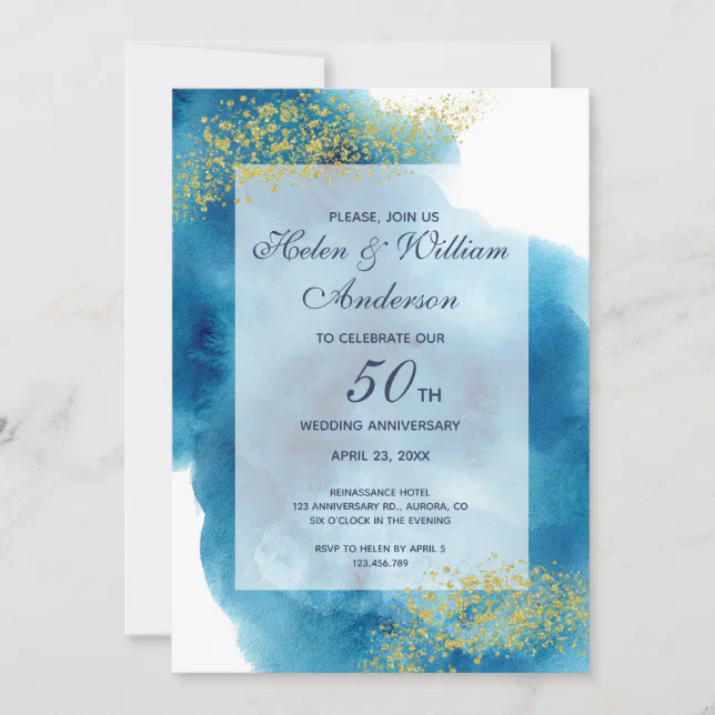 Watercolor Blue and Gold 50th Wedding Anniversary Invitation | Zazzle