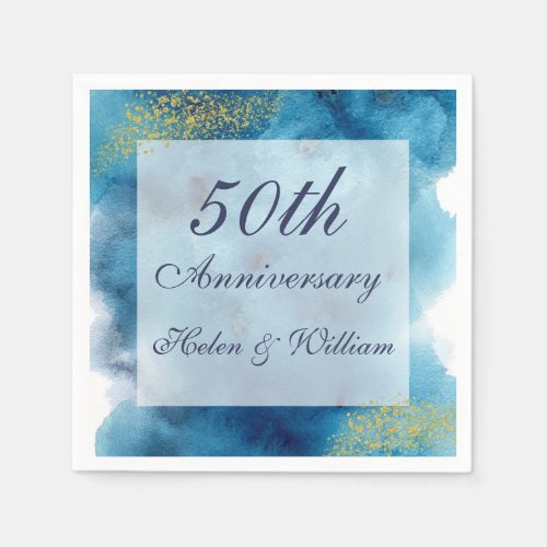 Watercolor Blue and Gold 50th Wedding Anniversary Napkins