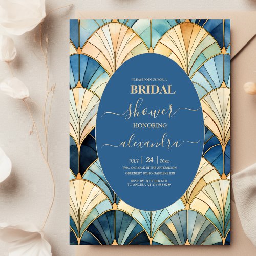 Watercolor Blue and Gold Art Deco Bridal Invitation