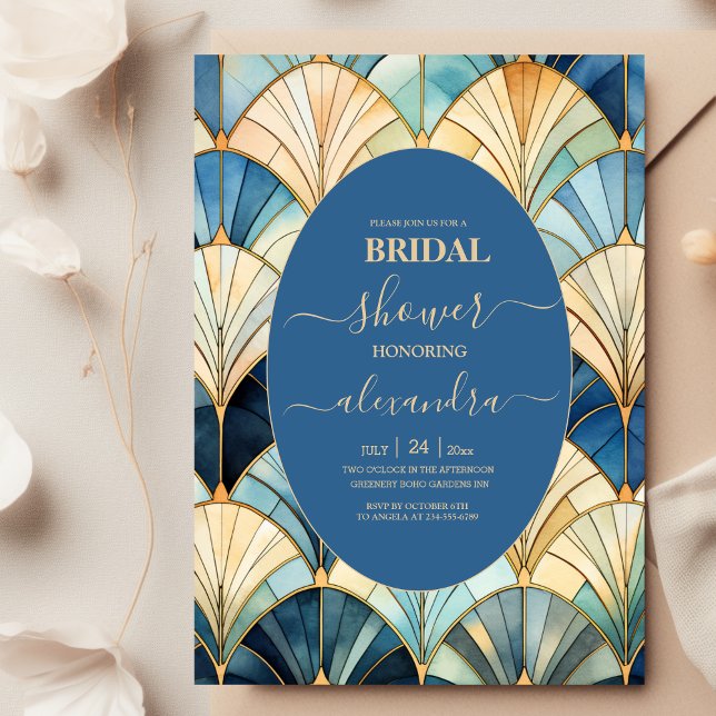 Watercolor Blue and Gold Art Deco Bridal Invitation (Creator Uploaded)