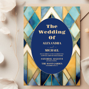Watercolor Blue and Gold Art Deco Wedding Invitation