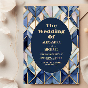 Watercolor Blue and Gold Art Deco Wedding Invitation