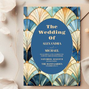 Watercolor Blue and Gold Art Deco Wedding Invitation