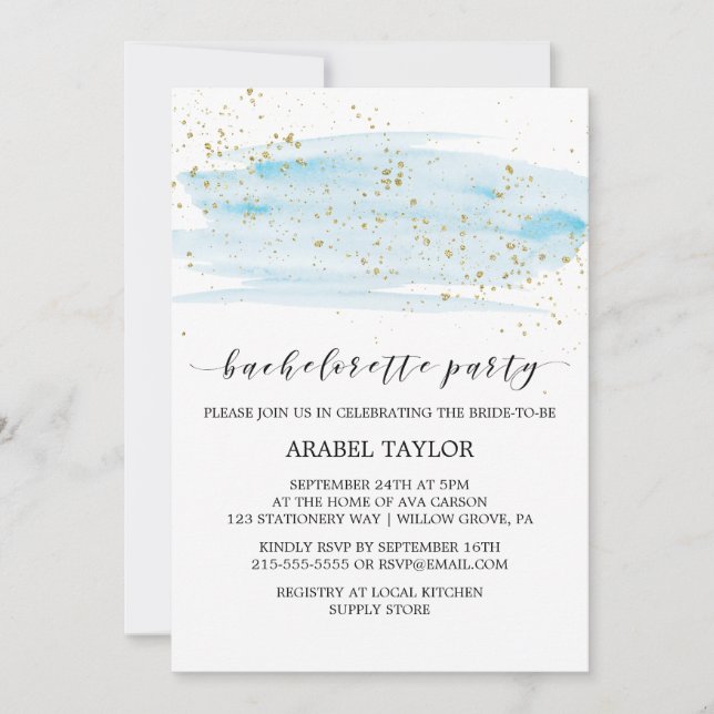 Watercolor Blue and Gold Bachelorette Party Invitation (Front)