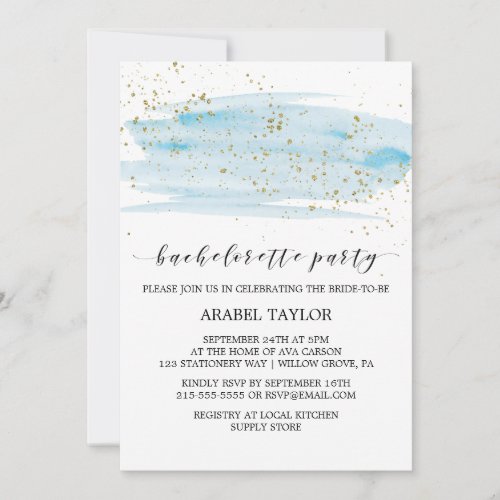 Watercolor Blue and Gold Bachelorette Party Invitation