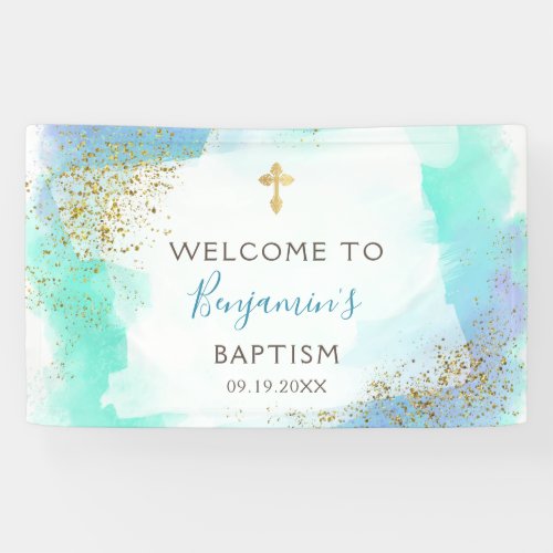 Watercolor Blue And Gold Baptism Welcome Banner