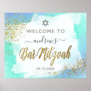 Watercolor Blue And Gold Bar Mitzvah Welcome Poster
