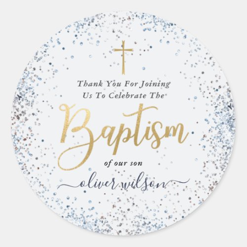 Watercolor Blue And Gold Boy Baptism Thank You  Classic Round Sticker