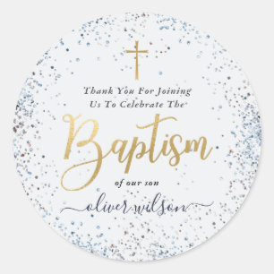 Watercolor Blue And Gold Boy Baptism Thank You Classic Round Sticker