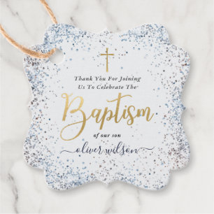 Watercolor Blue And Gold Boy Baptism Thank You Favor Tags