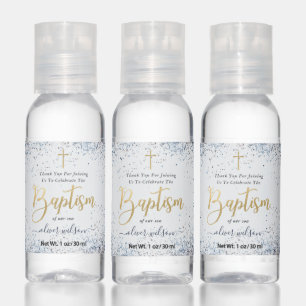 Watercolor Blue And Gold Boy Baptism Thank You Hand Sanitizer
