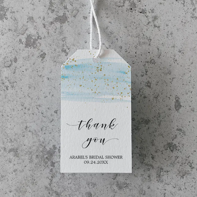 Watercolor Blue and Gold Bridal Shower Thank You Gift Tags | Zazzle