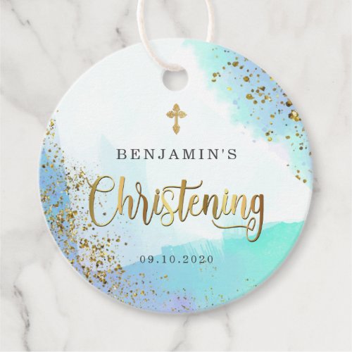 Watercolor Blue And Gold Christening Thank You Favor Tags