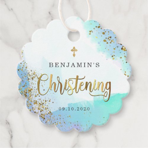 Watercolor Blue And Gold Christening Thank You Favor Tags