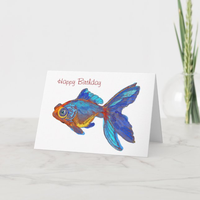 Watercolor Blue and Gold Fish Birthday Card (Front)