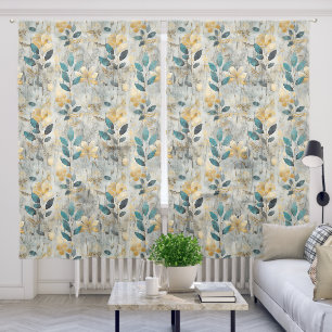 Watercolor Blue and Gold Floral Pattern Sheer Curtains