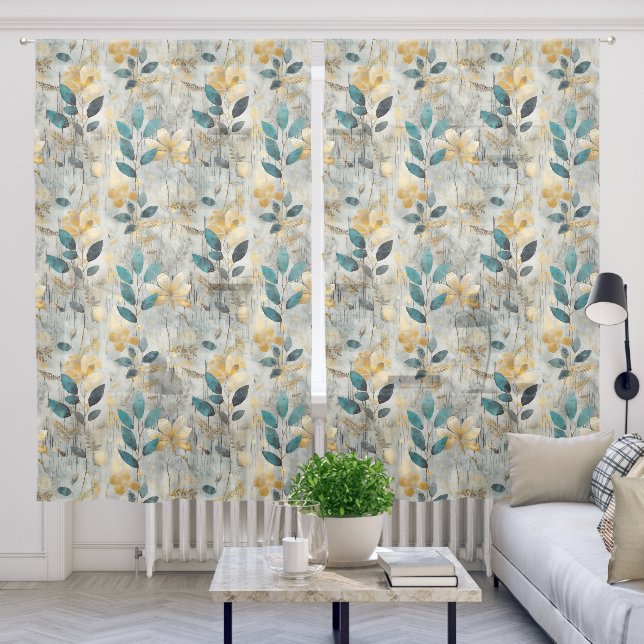 Watercolor Blue and Gold Floral Pattern Sheer Curtains (Living Room)