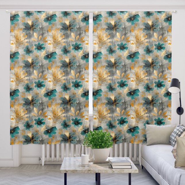Watercolor Blue and Gold Flower Pattern Blackout Curtains (Living Room)