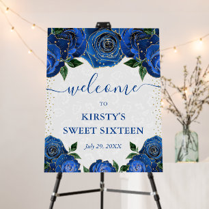 Watercolor Blue and Gold Flowers Sweet Sixteen Foam Board