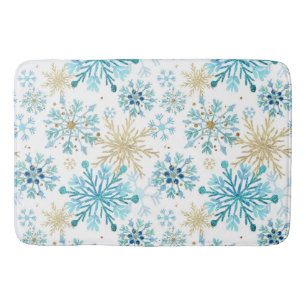 Watercolor Blue and Gold Glitter Winter Snowflakes Bath Mat