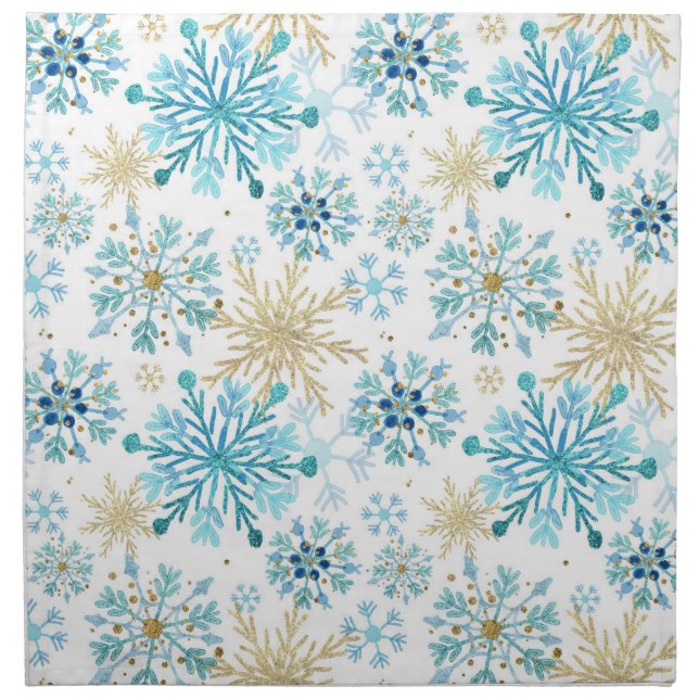 Watercolor Blue and Gold Glitter Winter Snowflakes Cloth Napkin (Front)