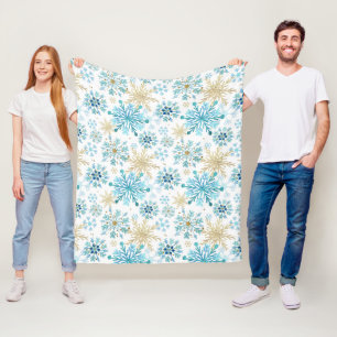 Watercolor Blue and Gold Glitter Winter Snowflakes Fleece Blanket