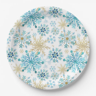 Watercolor Blue and Gold Glitter Winter Snowflakes Paper Plates