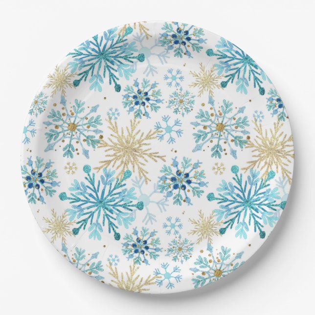 Watercolor Blue and Gold Glitter Winter Snowflakes Paper Plates (Front)