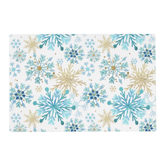 Watercolor Blue and Gold Glitter Winter Snowflakes Placemat (Front)