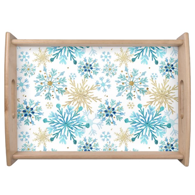 Watercolor Blue and Gold Glitter Winter Snowflakes Serving Tray (Front)