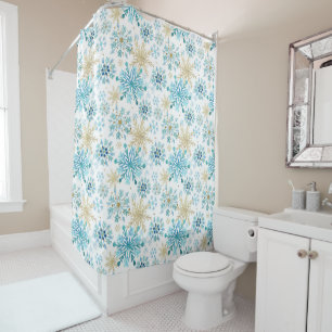 Watercolor Blue and Gold Glitter Winter Snowflakes Shower Curtain