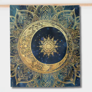 Watercolor Blue and Gold Mandala Sun Nebula Galaxy Tapestry