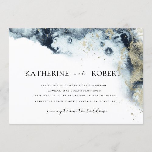 Watercolor Blue and Gold Minimalistic Wedding Invitation