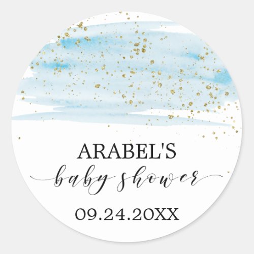 Watercolor Blue and Gold Sparkle Baby Shower Favor Classic Round Sticker