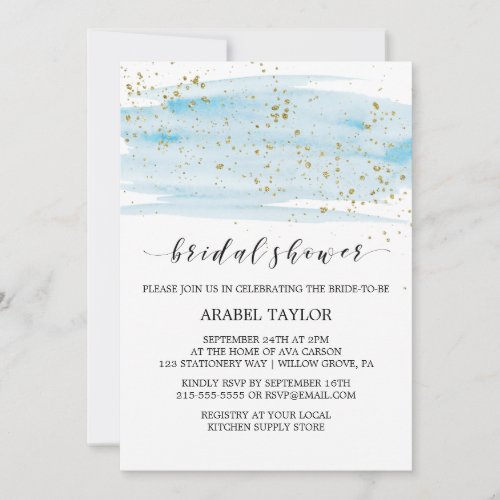 Watercolor Blue and Gold Sparkle Bridal Shower Invitation