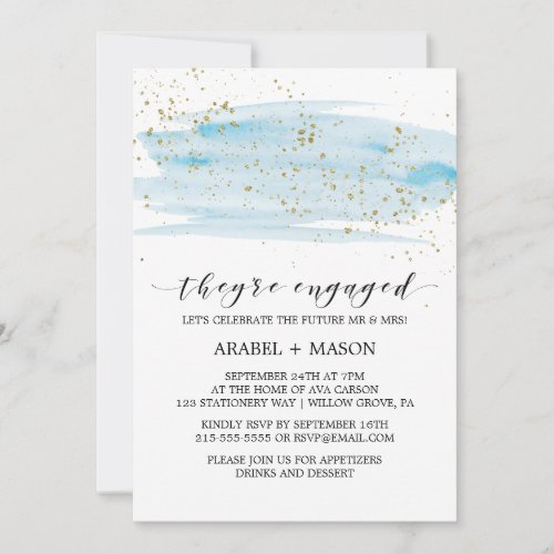 Watercolor Blue and Gold Sparkle Engagement Party Invitation