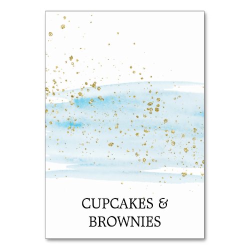 Watercolor Blue and Gold Sparkle Food Tent Cards