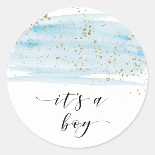 Watercolor Blue and Gold Sparkle Its A Boy Favor Classic Round Sticker