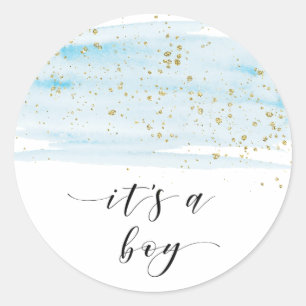 Watercolor Blue and Gold Sparkle It's A Boy Favor Classic Round Sticker